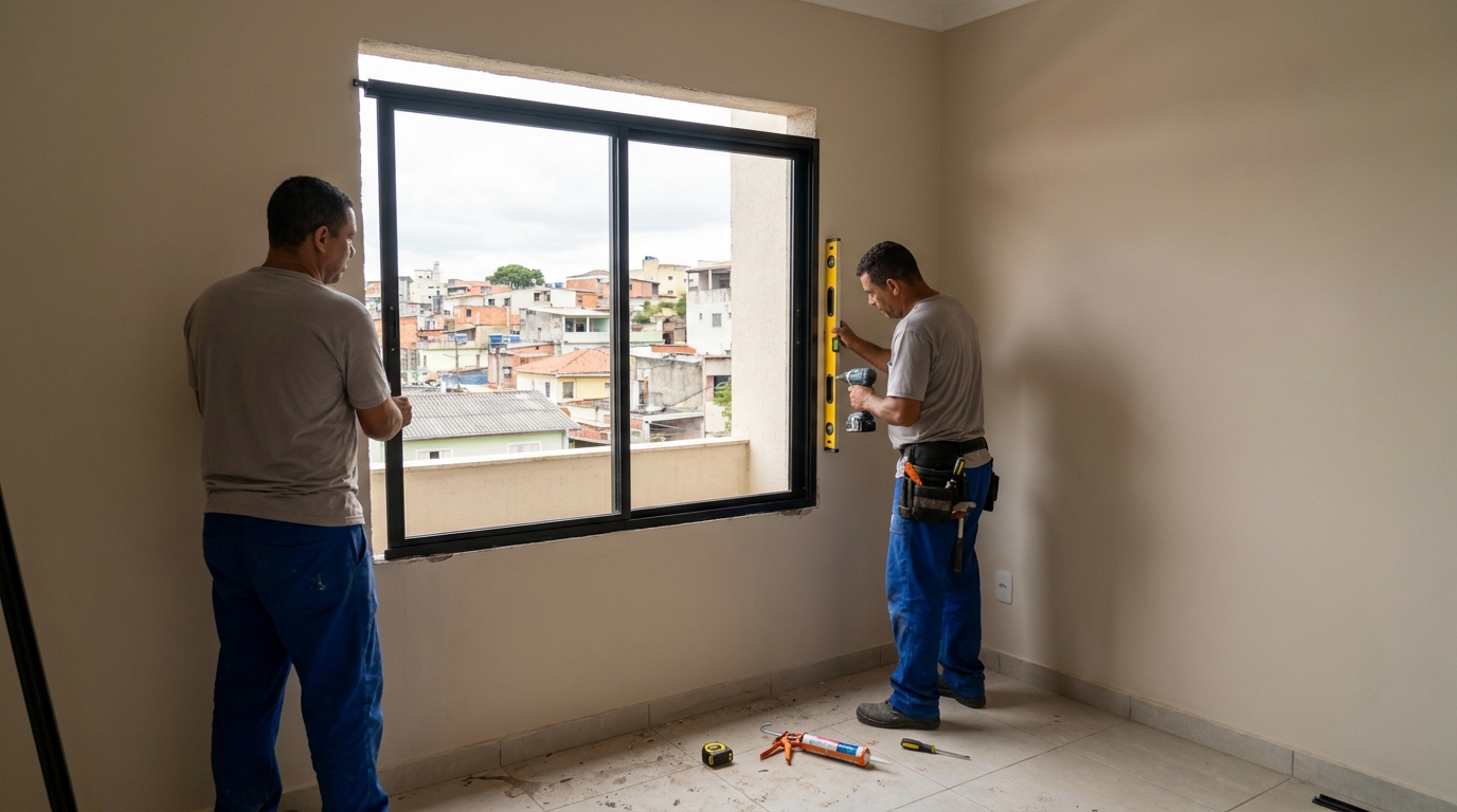 Esquadria de alumínio em quarto bege em Florianópolis-SC