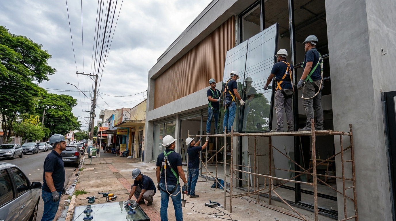 Fachada de vidro com andaime lateral em Florianópolis-SC