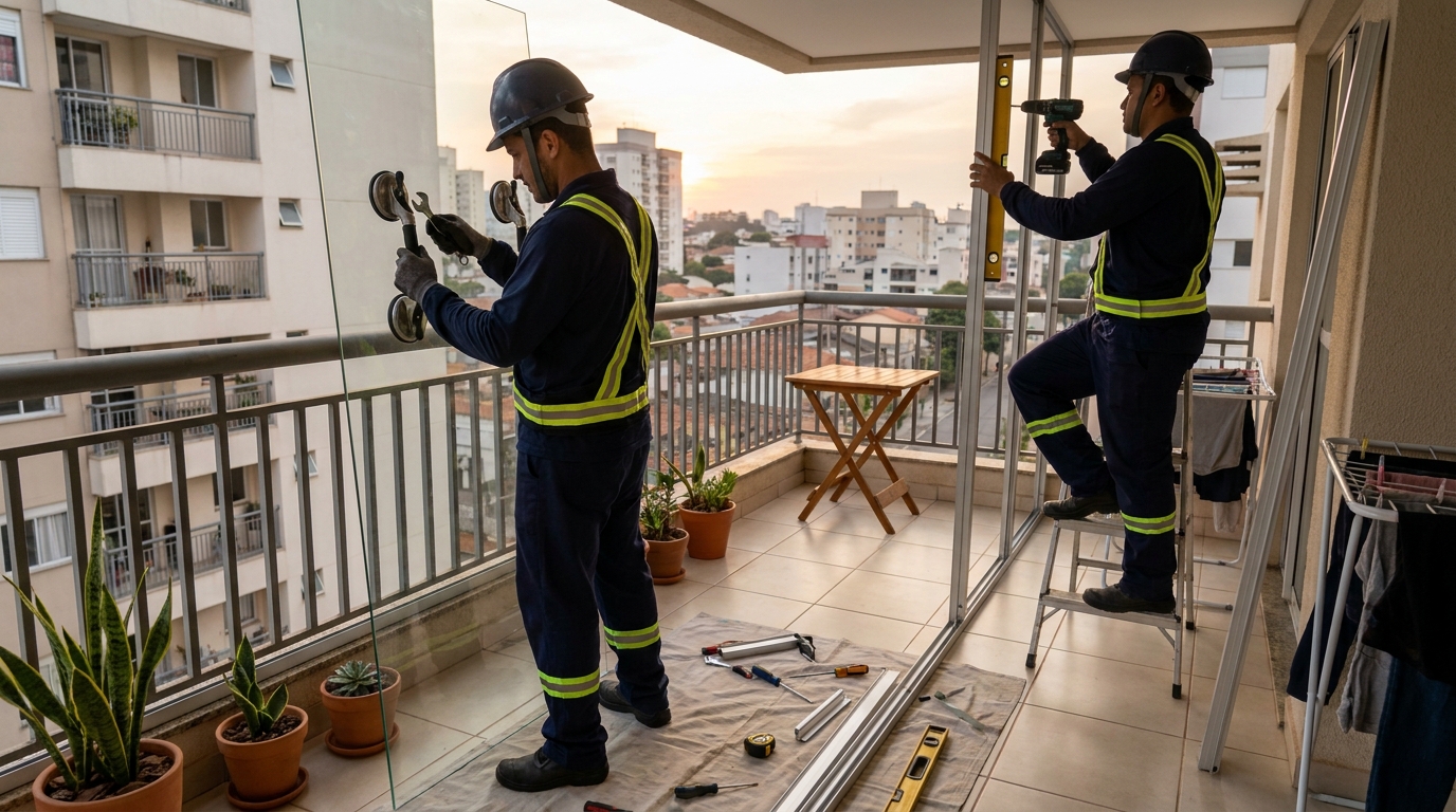 Instalação de parede de vidro em sacada em Florianópolis-SC