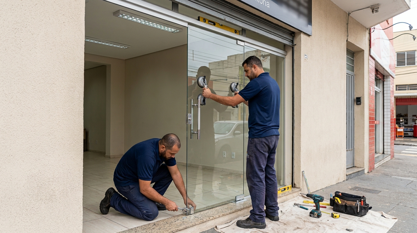 Porta de vidro com puxador inox em Florianópolis-SC